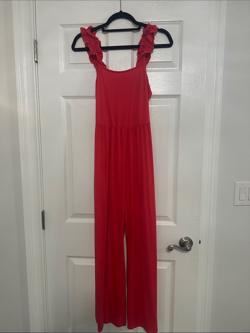 Entro Coral Pink Cotton Wide Leg Jumpsuit with Ruffled Sleeves - Medium